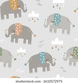 Vector seamless pattern with cute elephants.