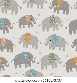 Vector seamless pattern with cute elephants.