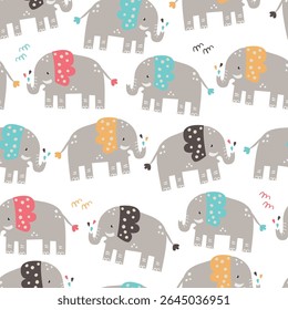 Vector seamless pattern with cute elephants. Scandinavian style kids texture for fabric, wrapping, textile.