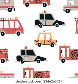 Vector seamless pattern with cute emergency cars. Pattern for bedroom, wallpaper, kids and baby wear.