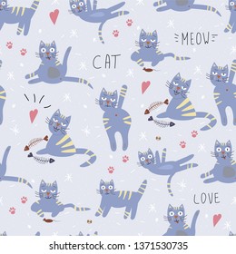 vector seamless pattern with cute emotion cat