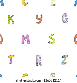 Vector seamless pattern with cute english alphabet. Funny tribal hand drawn letters for children education