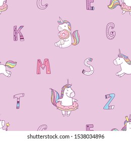 Vector seamless pattern with cute english alphabet and unicorns. Funny tribal hand drawn letters for children education