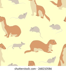 Vector seamless pattern with cute ermines and mouses arranged in geometric pattern.