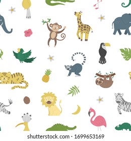 Vector seamless Pattern with cute exotic animals, leaves, flowers, fruits. Funny tropical repeat background with birds and plants. Bright flat illustration for children. Jungle summer texture