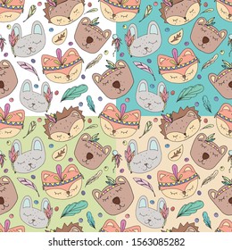 vector seamless pattern of cute faces of forest animals decorated with boho feathers