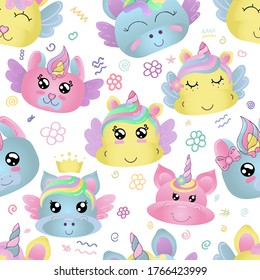 vector seamless pattern, cute faces of magical unicorns for a girl in gentle colors, kawaii without background