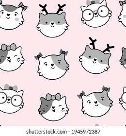 Vector seamless pattern with cute faces cats, funny kawaii cats. Perfect for Nursery kids, greeting card, baby shower girl, fabric design.