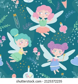 Vector seamless pattern with cute fairies and magic potion. Fairy tale concept for children's fabric, clothes, invitations