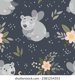 Vector seamless pattern with cute fairytale bears. Suitable for printing on fabric, cards and more.