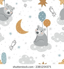 Vector seamless pattern with cute fairytale bears. Suitable for printing on fabric, cards and more.