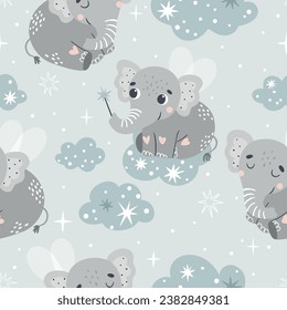 Vector seamless pattern with cute fairytale elephant. Suitable for printing on fabric, cards and more.