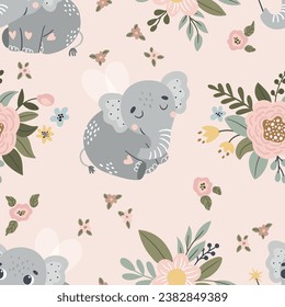 
Vector seamless pattern with cute fairytale elephant. Suitable for printing on fabric, cards and more.