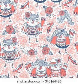 vector  seamless pattern with cute fancy owls