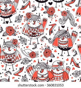 vector seamless pattern with cute fancy owls and girlish accessories