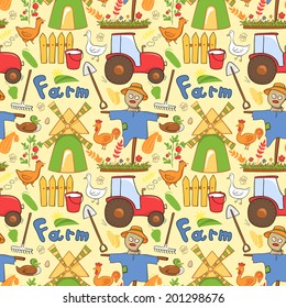 Vector seamless pattern cute farm elements in doodle style