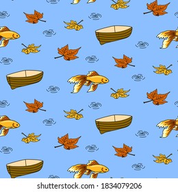 Vector seamless pattern with cute fish, boat and autumn leaves falling down