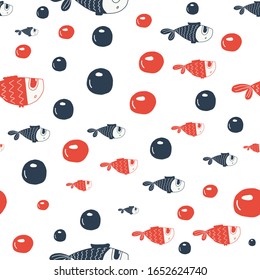 Vector seamless pattern with cute fish.color hand-drawn illustration in the cartoon style on white background.suitable for fabric design, bed linen,t-shirt design, mug design, packaging paper.