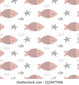 Vector seamless pattern with cute fishes and starfishes