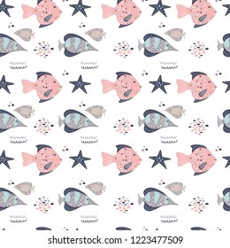 Vector seamless pattern with cute fishes and starfishes