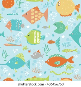 Vector seamless pattern with cute fishes.