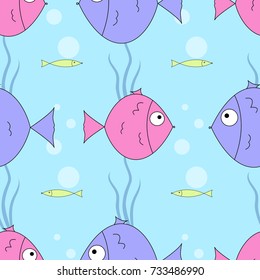 Vector seamless pattern with cute fishes. The illustration for notebooks, fabrics. Blue background.