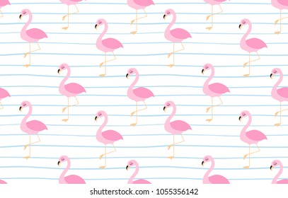 Vector seamless pattern with cute flamingoes on blue striped background. Design for fabric and decoration. 