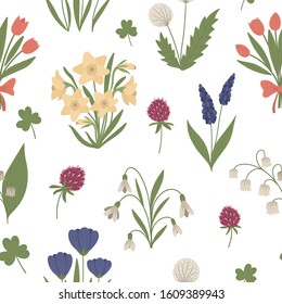 Vector seamless pattern with cute flat spring flowers. First blooming plants background. Floral digital paper