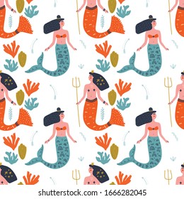 Vector seamless pattern with cute flat mermaids and seaweed in blue and orange pastel color. Beautiful girl character. Sea princess art concept