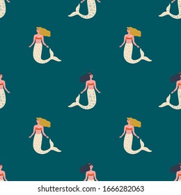 Vector seamless pattern with cute flat mermaids and seaweed in pastel color. Beautiful girl character. Sea princess art concept