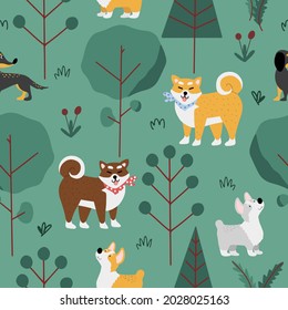 Vector seamless pattern with cute flat design dogs in the park