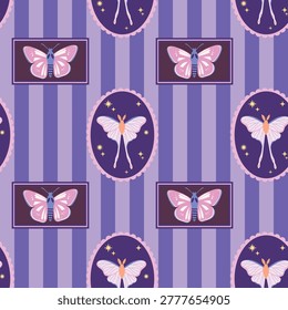 Vector seamless pattern with cute flat moon moths and butterflies in frames. Vintage butterfly on purple striped background