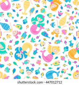 Vector seamless pattern with cute flat mermaid and fish. Cartoon sea girl with doodle ornament. Nice childish background for your design. Light colors marine elements on white backdrop.