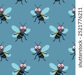 Vector seamless pattern with cute flies. Cute fly insect isolated on blue background. Happy Housefly pattern, insect print perfect for kids textile.