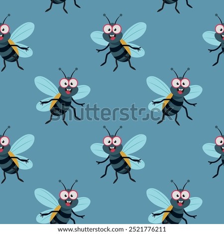 Vector seamless pattern with cute flies. Cute fly insect isolated on blue background. Happy Housefly pattern, insect print perfect for kids textile.