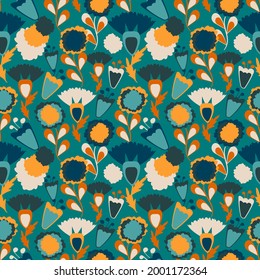 Vector seamless pattern with cute flowers in a cartoon style. Seamless floral texture for kids