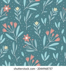 Vector seamless pattern with cute flowers and leaves on blue background