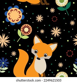 Vector seamless pattern with cute flowers and foxes.