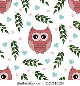 vector seamless pattern with a cute fluffy animal owl and with hearts and tree branches on a white background for the feast of the holiday valentines for printing and textiles
