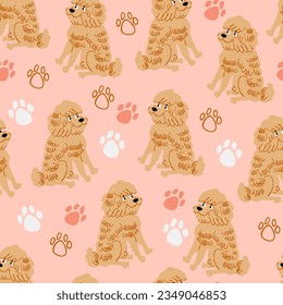 Vector seamless pattern with cute fluffy dog and paw prints, kid pattern with dogs on pink background. Hand drawn animal pattern