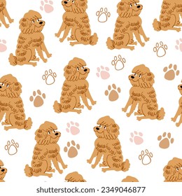 Vector seamless pattern with cute fluffy dog and paw prints, kid pattern with dogs on white