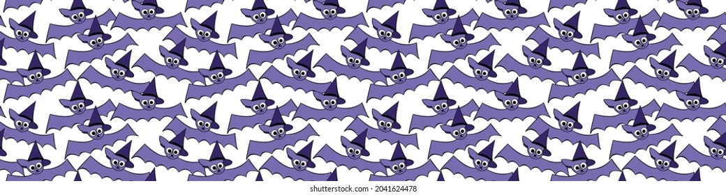 Vector seamless pattern with cute flying bats in witch hats. Halloween texture in cartoon, flat, doodle style