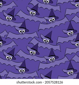 Vector seamless pattern with cute flying bats in witch hats. Halloween texture in cartoon, flat, doodle style