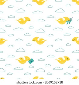 Vector seamless pattern with cute flying dinosaurs on a white background with clouds