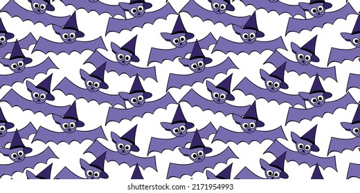 Vector seamless pattern with cute flying bats in witch hats. Halloween texture in cartoon, flat, doodle style