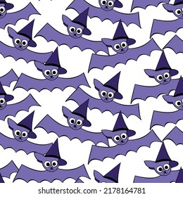 Vector seamless pattern with cute flying bats in witch hats. Halloween texture in cartoon, flat, doodle style