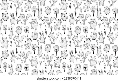 vector seamless pattern, cute forest animals, black and white color palette