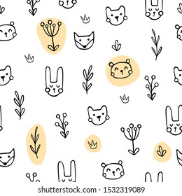 vector seamless pattern with cute forest animals on white background