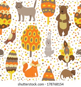 Vector seamless pattern with cute forest animals and bright trees on the white background.  Different hand drawing cartoon characters and elements.