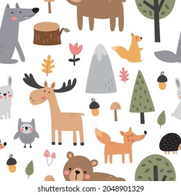 vector seamless pattern, cute forest animals on white background, children illustration